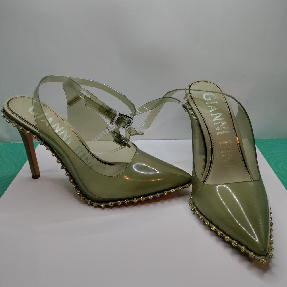 Beautiful smoky sage green, clear sling backs; w/ crystal trim